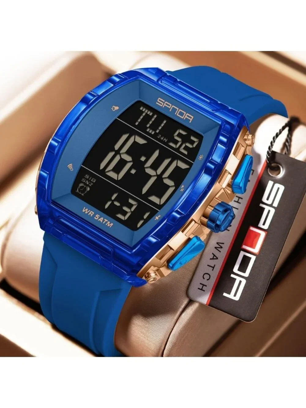 Men's All Blue Analog Quartz Tonneau Shape Dual Waterproof Digital Luxury Watch